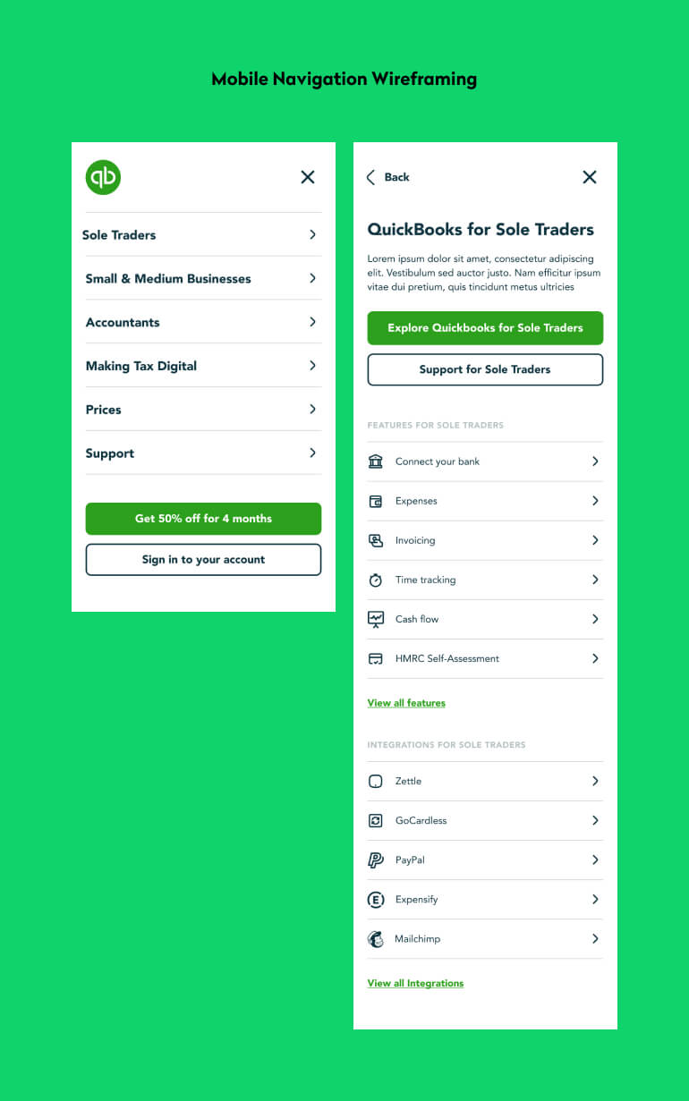 Mobile navigation wireframing