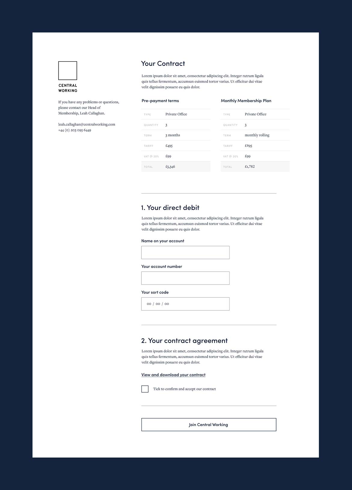Central Working website signup form