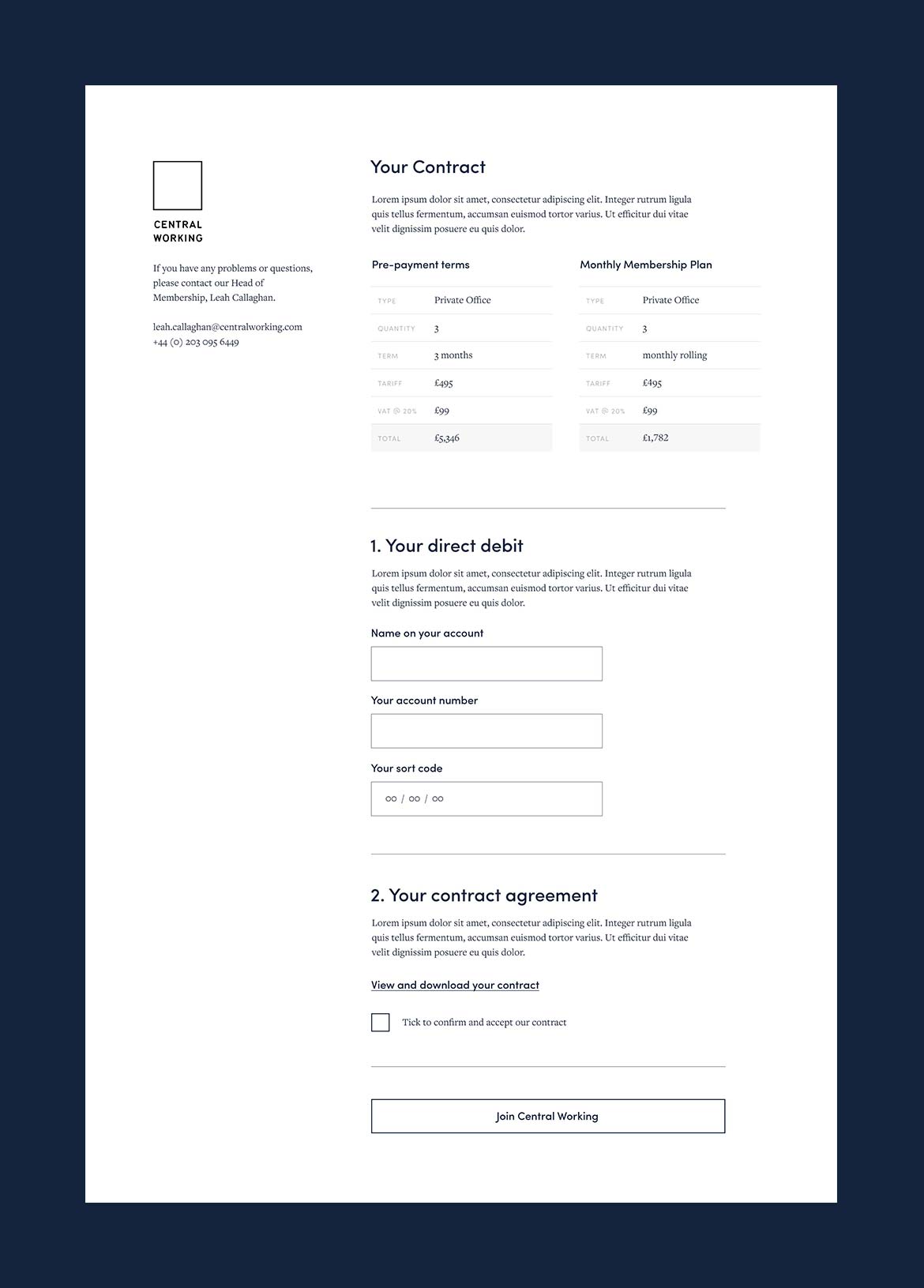Central Working website signup form
